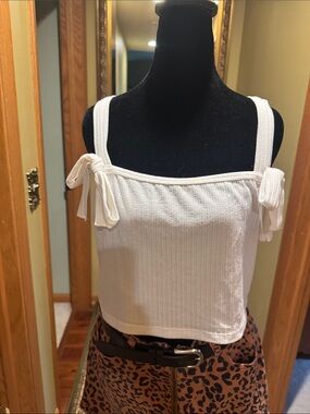 Anthropologie Women's White Ribbed Tie-Strap Crop Tank Top